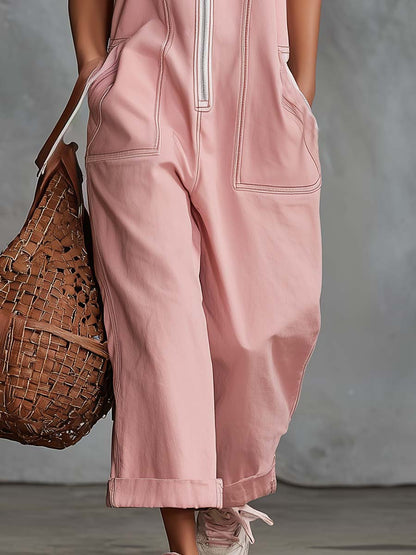 Effortless Cotton Utility Jumpsuit Square Neck Wide Leg One Piece Outfit