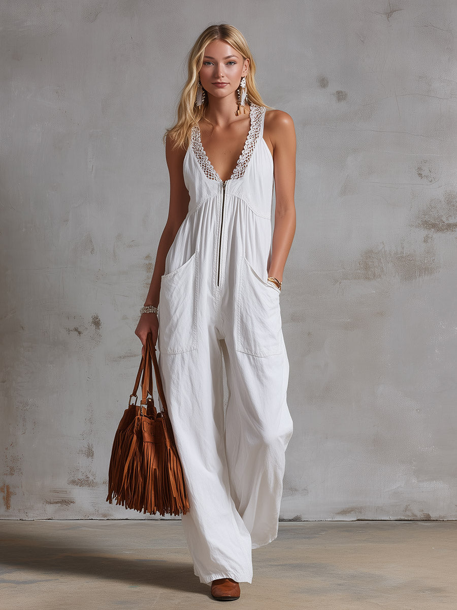 Retro Casual Lace-Trimmed White Cotton Jumpsuit