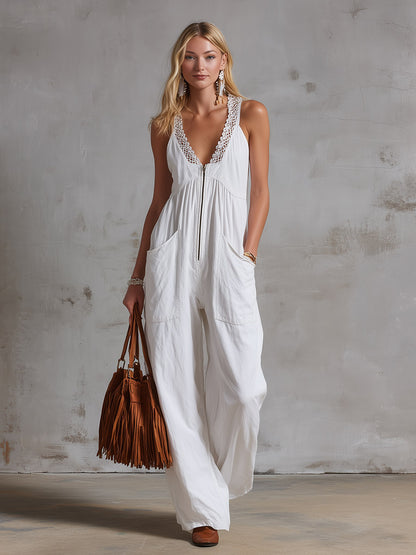 Retro Casual Lace-Trimmed White Cotton Jumpsuit