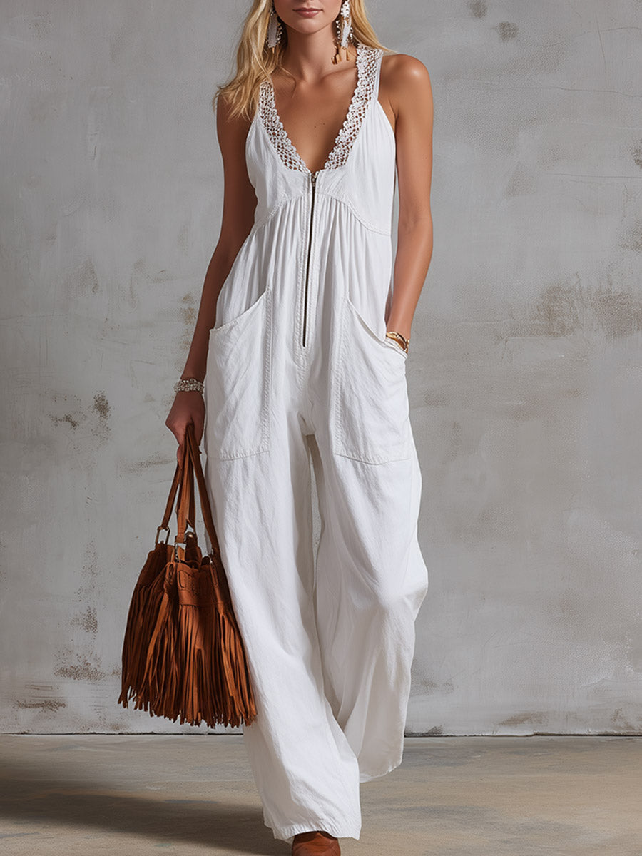 Retro Casual Lace-Trimmed White Cotton Jumpsuit