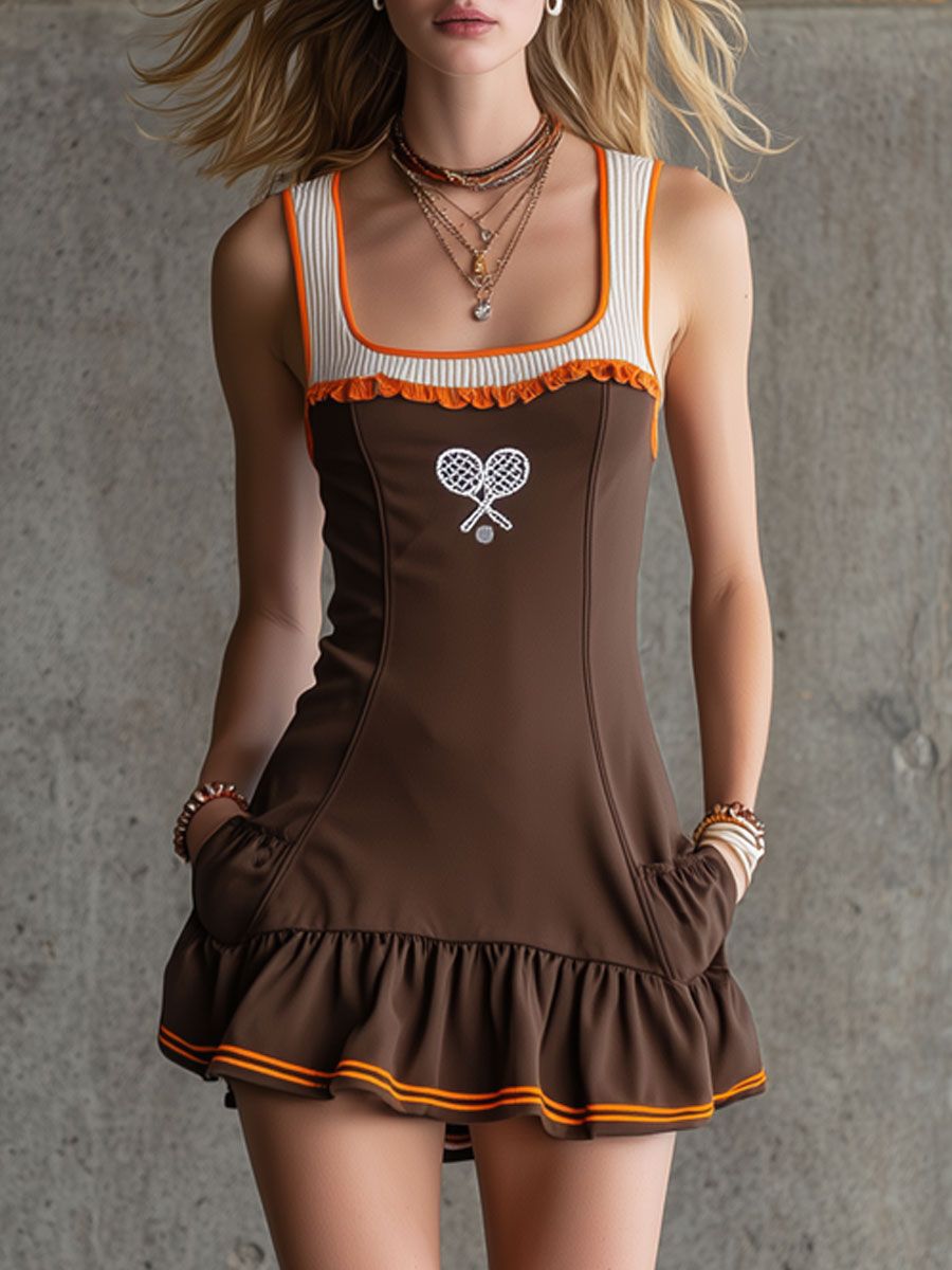 Sporty Retro Embroidered Chocolate Cotton Sleeveless Ruffle Mini Dress