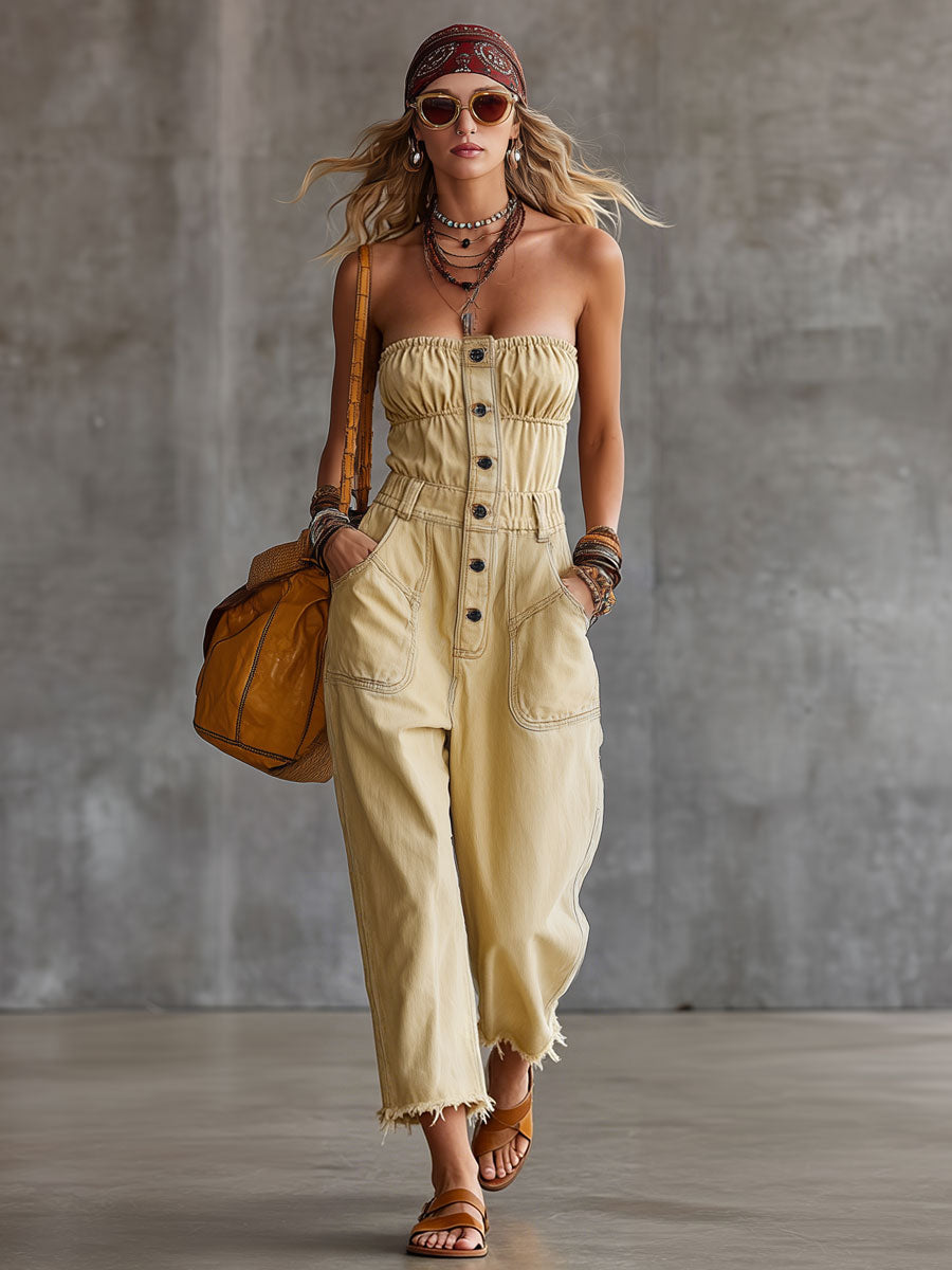 Casual Retro Strapless Yellow Denim Frayed Jumpsuit
