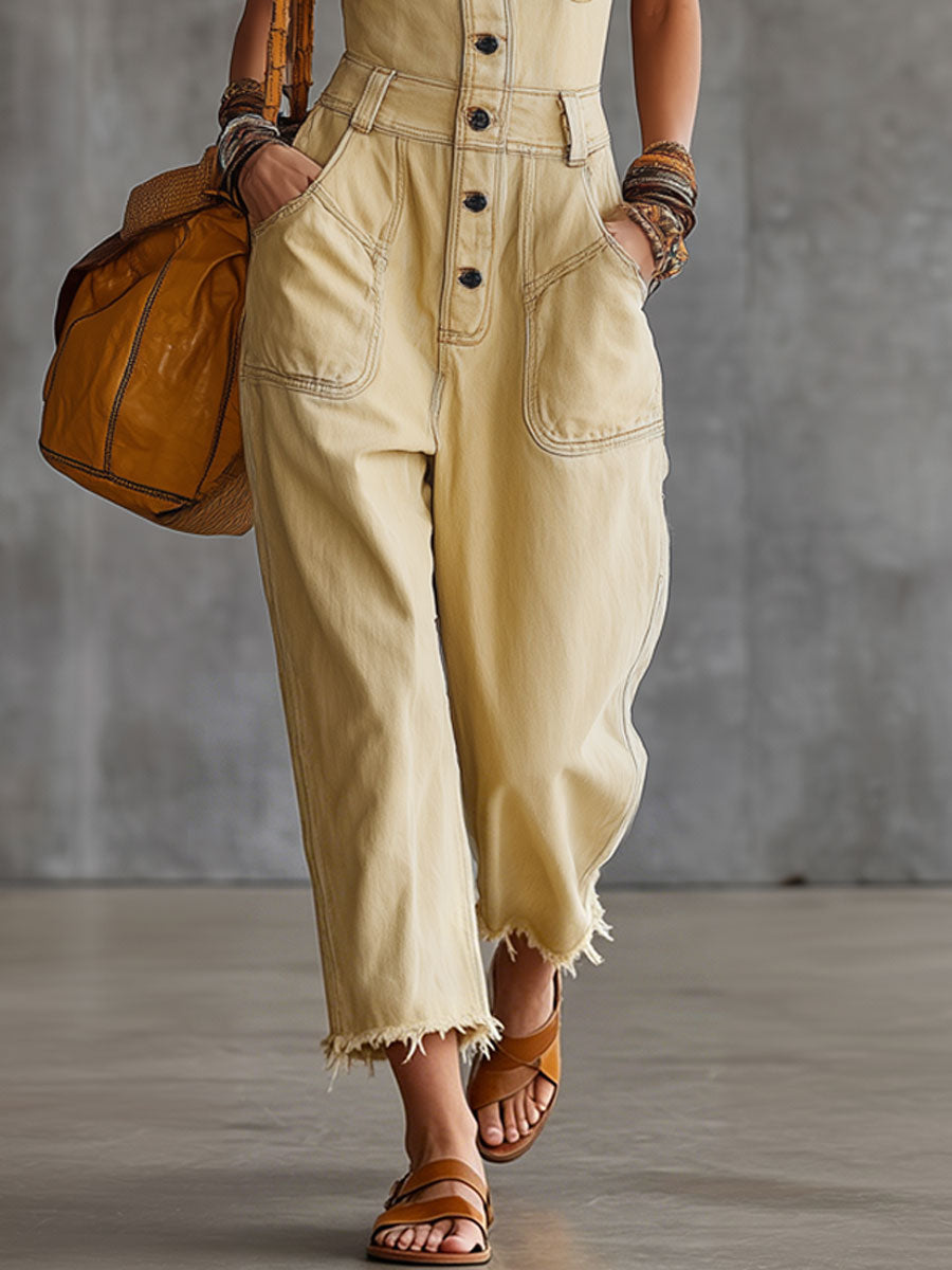 Casual Retro Strapless Yellow Denim Frayed Jumpsuit