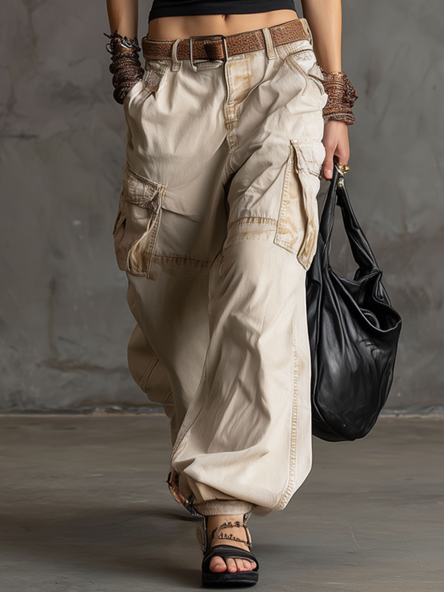 Casual Retro Beige 3D Pocket Cargo Jeans