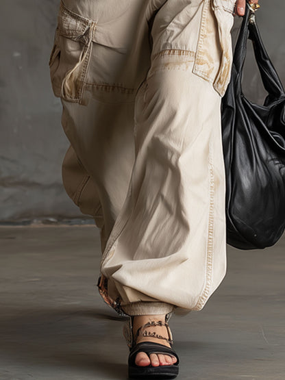 Casual Retro Beige 3D Pocket Cargo Jeans
