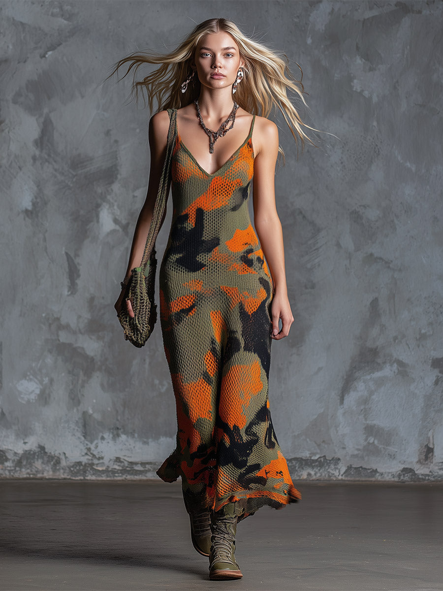 Chic Urban Military-Style Orange Camouflage Mesh Knit Maxi Dress