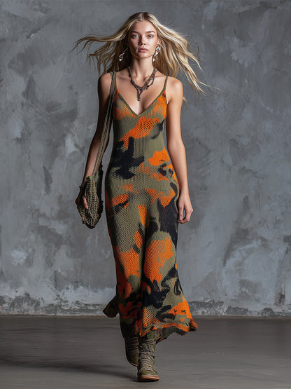 Chic Urban Military-Style Orange Camouflage Mesh Knit Maxi Dress