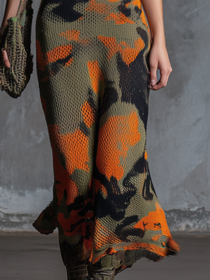 Chic Urban Military-Style Orange Camouflage Mesh Knit Maxi Dress