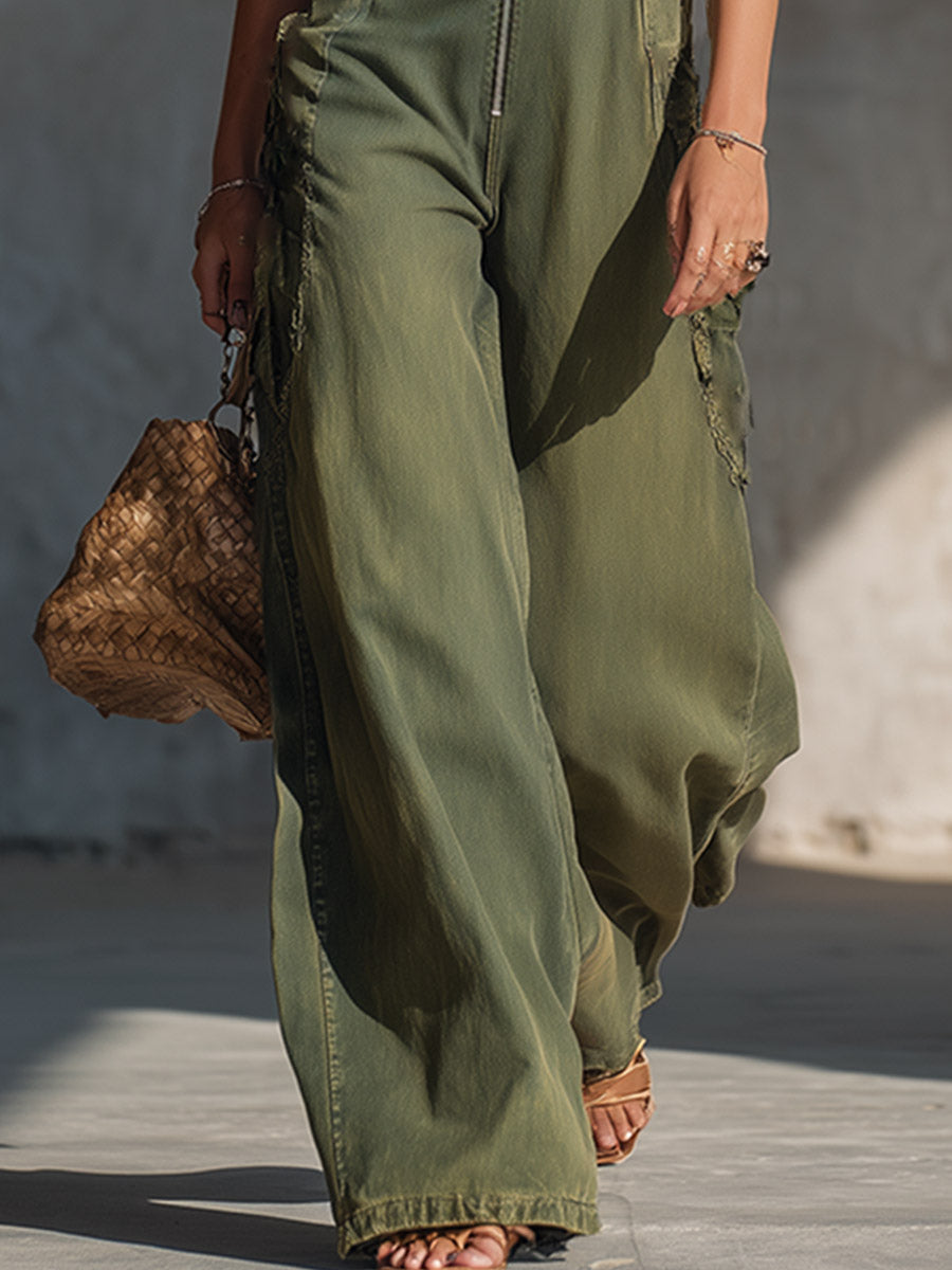 Retro Pink Lace-Trimmed Green Denim Jumpsuit