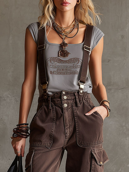 Casual Retro Chocolate Denim Overalls