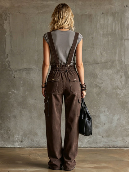 Casual Retro Chocolate Denim Overalls