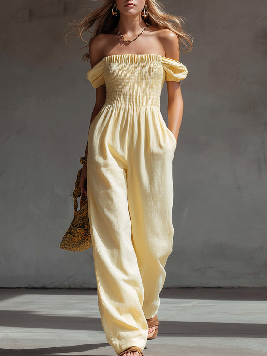 Stylish And Elegant Light Yellow Off-the-Shoulder Cotton-Linen Jumpsuit