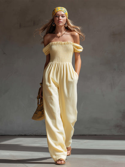 Stylish And Elegant Light Yellow Off-the-Shoulder Cotton-Linen Jumpsuit