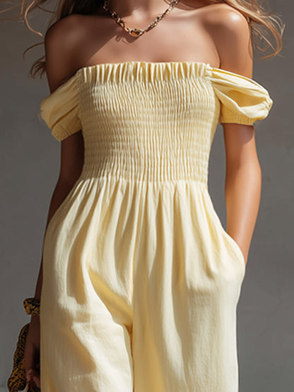 Stylish And Elegant Light Yellow Off-the-Shoulder Cotton-Linen Jumpsuit