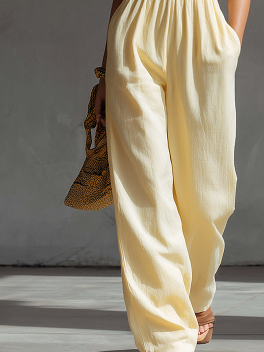 Stylish And Elegant Light Yellow Off-the-Shoulder Cotton-Linen Jumpsuit
