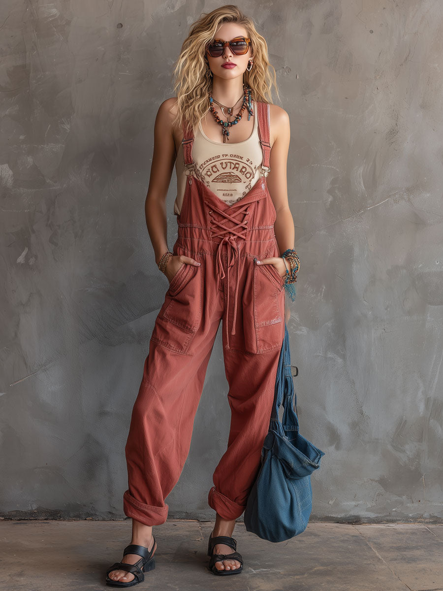 Casual Retro Tie-up Overalls Brick Red Denim Jumpsuit