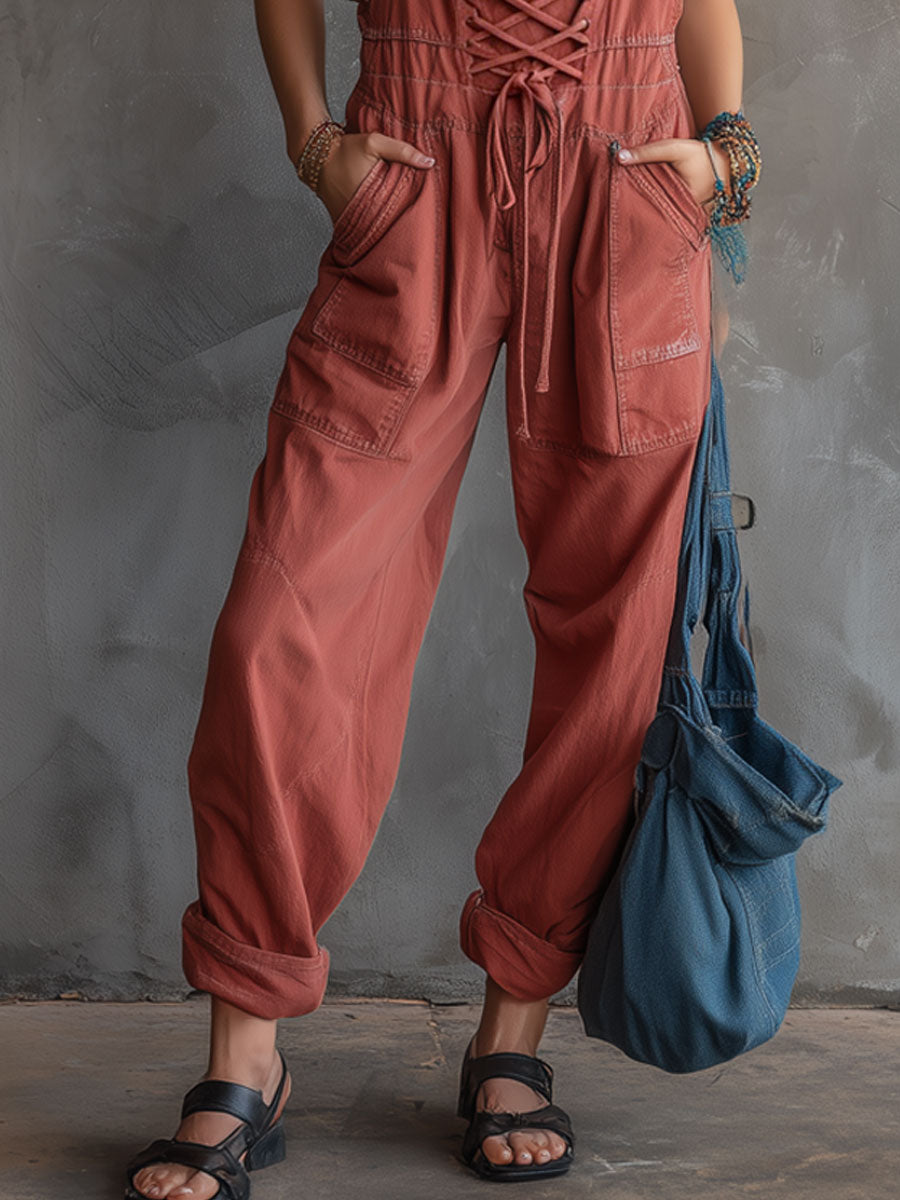 Casual Retro Tie-up Overalls Brick Red Denim Jumpsuit