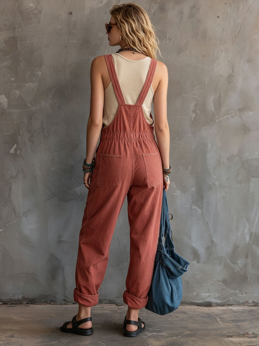 Casual Retro Tie-up Overalls Brick Red Denim Jumpsuit