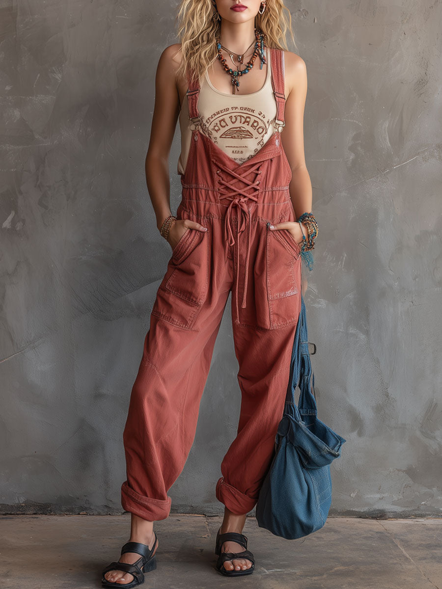 Casual Retro Tie-up Overalls Brick Red Denim Jumpsuit
