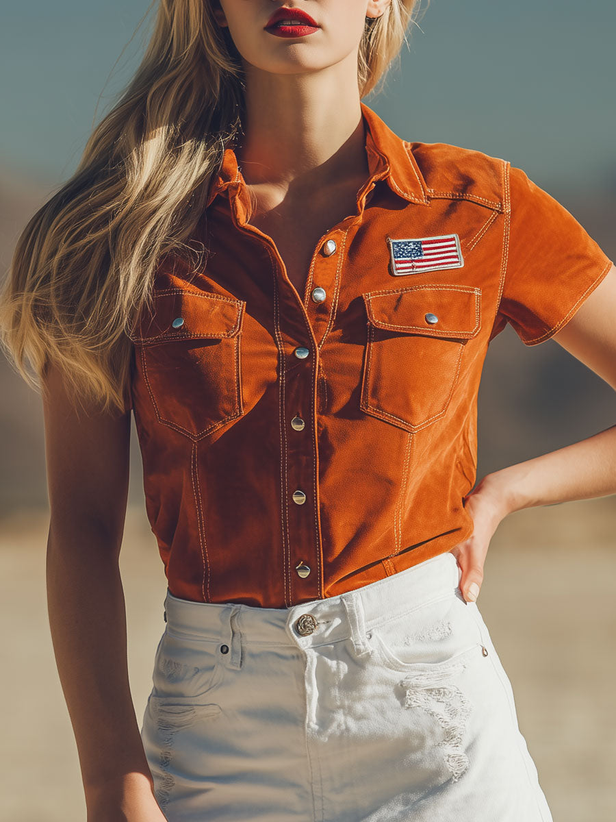 Retro American Flag Orange Collared Short-sleeved Faux Suede Shirt