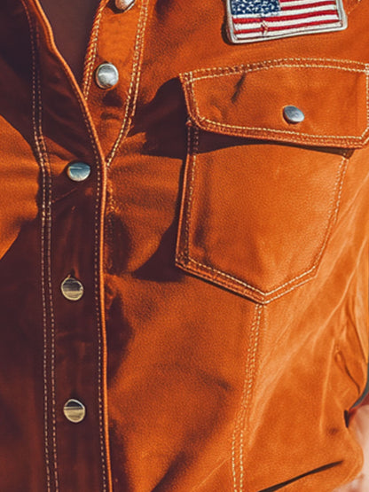 Retro American Flag Orange Collared Short-sleeved Faux Suede Shirt