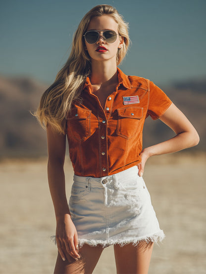 Retro American Flag Orange Collared Short-sleeved Faux Suede Shirt
