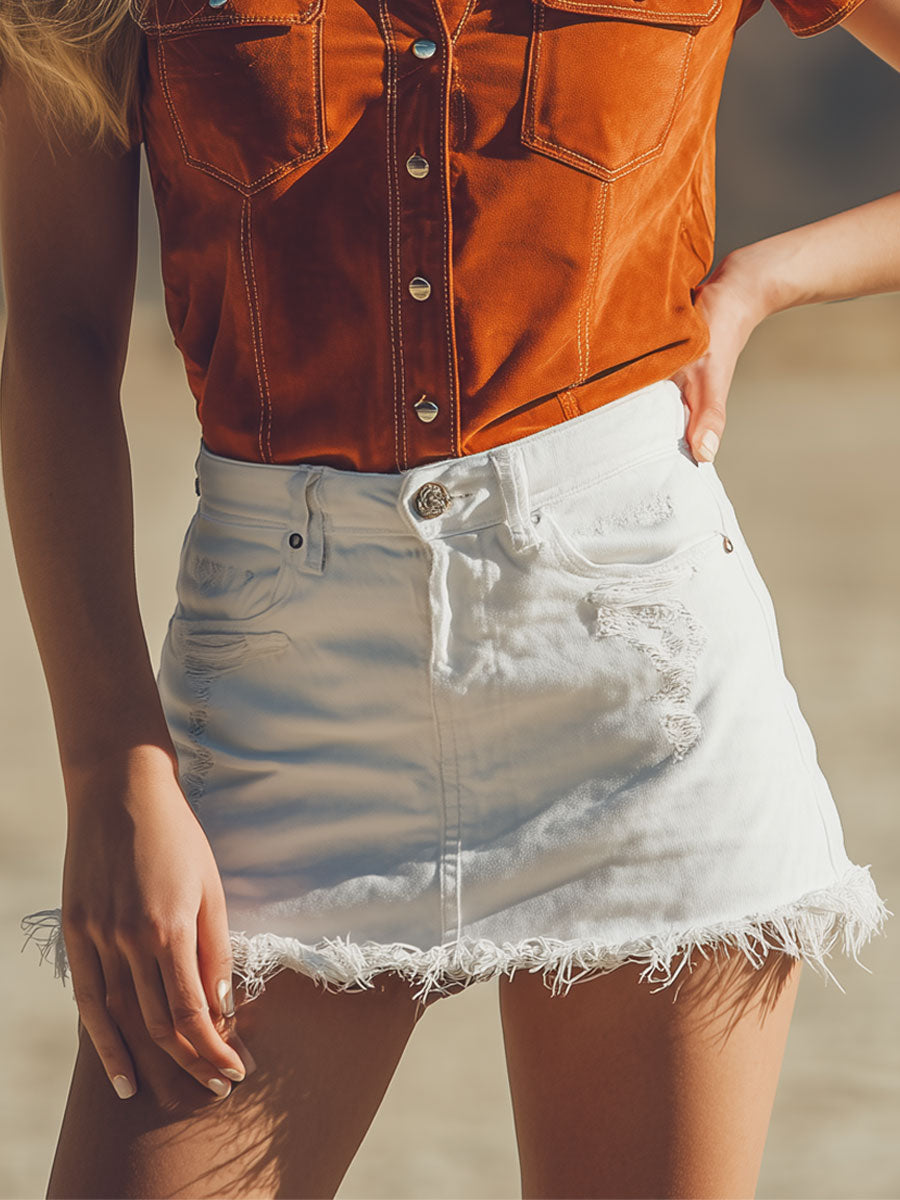 Retro White Frayed Denim Mini Skirt