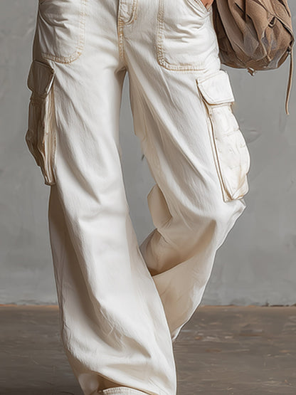 Stylish &amp; Casual White Multi-Pocket Overalls Jeans