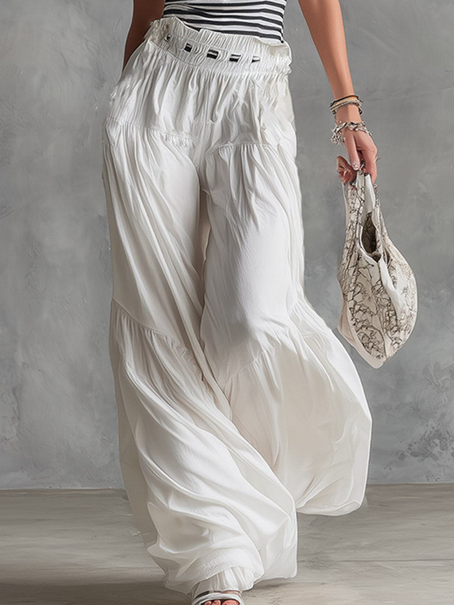 Chic And Elegant Black Striped Spaghetti-Strap Top And White Wide-Leg Pants Set