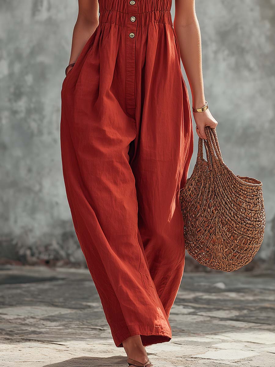 Retro Casual Square-Neck Front-Buttoned Terracotta Red Cotton Jumpsuit