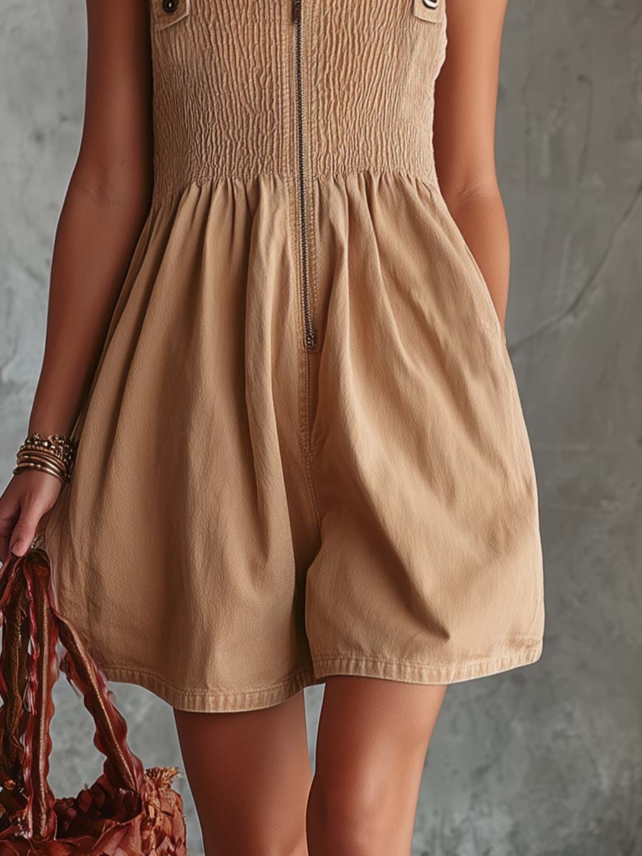 Casual Fashion Square Neck Front Zipper Light Camel Denim Shorts Jumpsuit