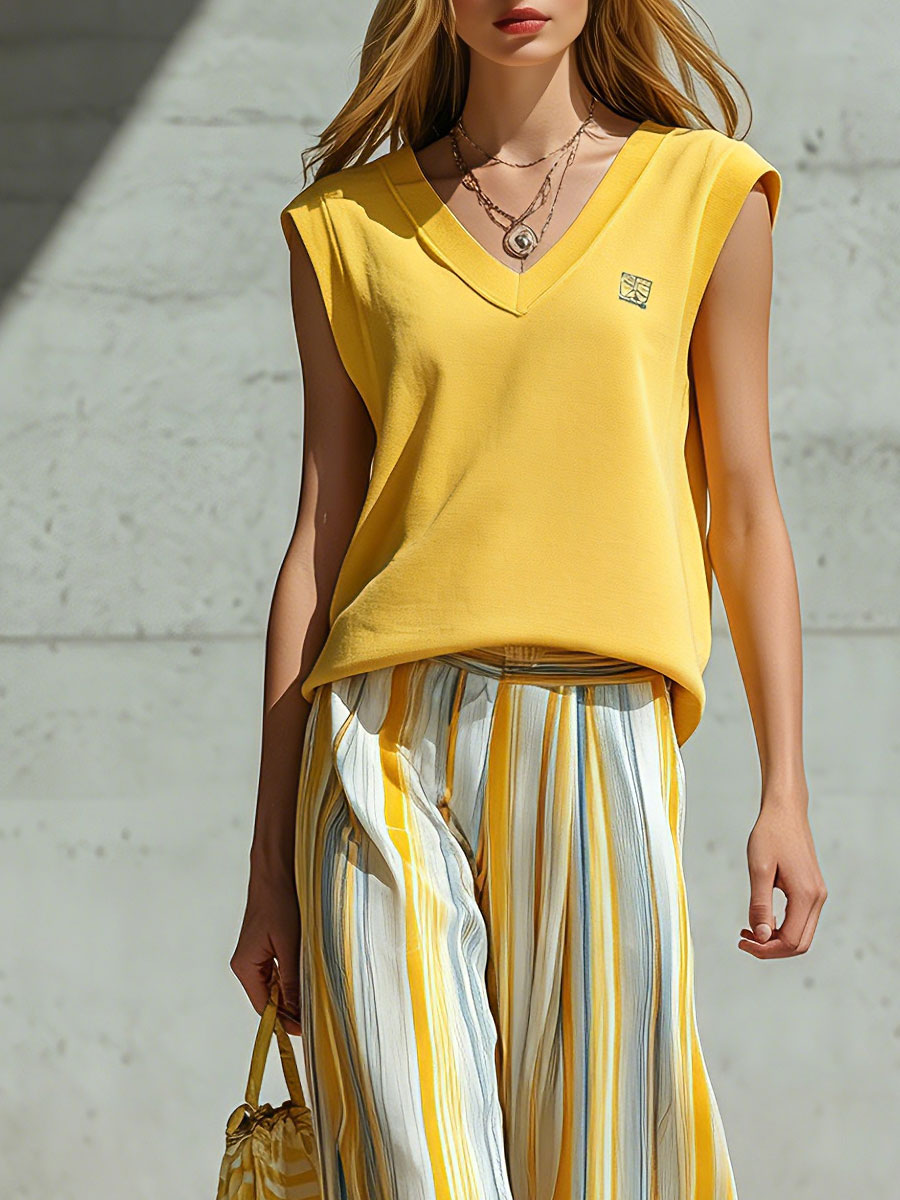 Casual Retro Yellow Sleeveless Cotton T-Shirt And Striped Chiffon Wide-Leg Pants Set