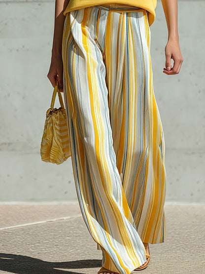 Casual Retro Yellow Sleeveless Cotton T-Shirt And Striped Chiffon Wide-Leg Pants Set