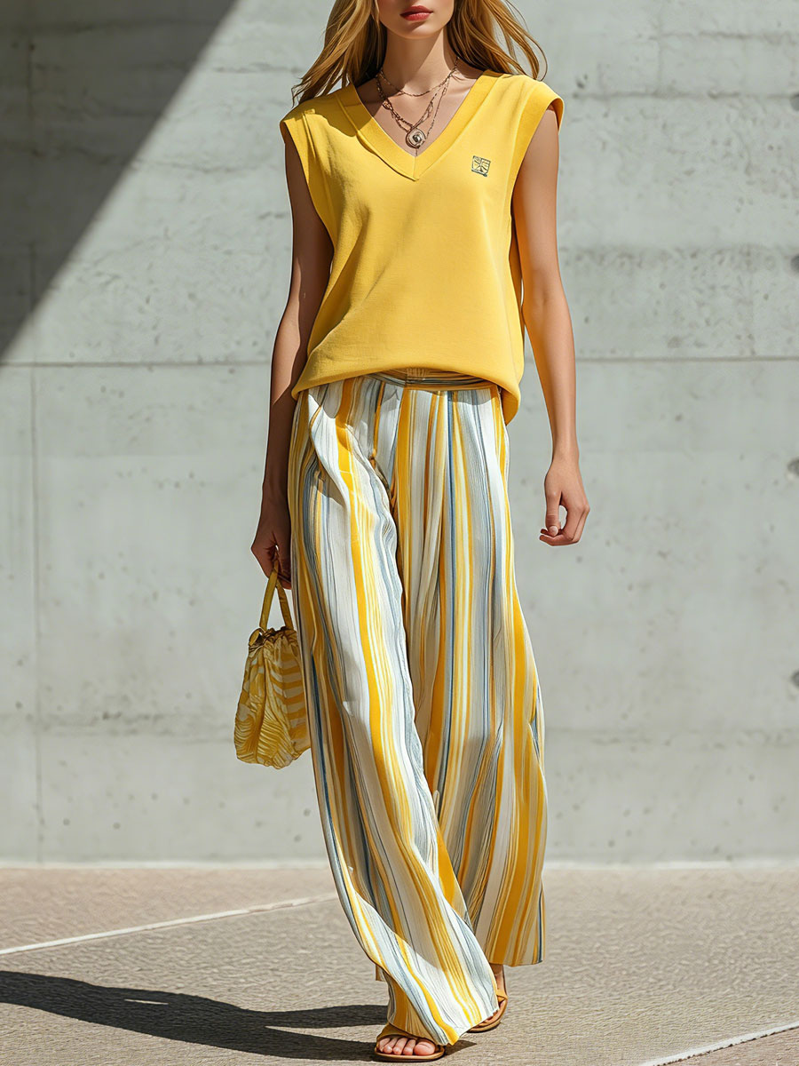 Casual Retro Yellow Sleeveless Cotton T-Shirt And Striped Chiffon Wide-Leg Pants Set