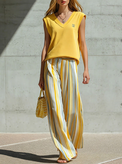 Casual Retro Yellow Sleeveless Cotton T-Shirt And Striped Chiffon Wide-Leg Pants Set