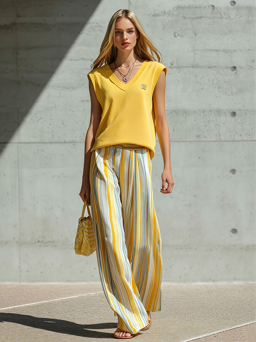 Casual Retro Yellow Sleeveless Cotton T-Shirt And Striped Chiffon Wide-Leg Pants Set