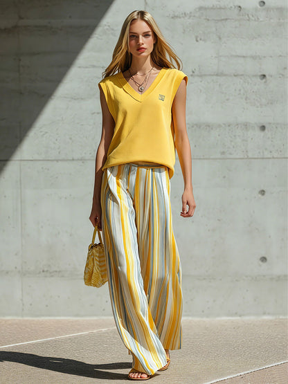 Casual Retro Yellow Sleeveless Cotton T-Shirt And Striped Chiffon Wide-Leg Pants Set