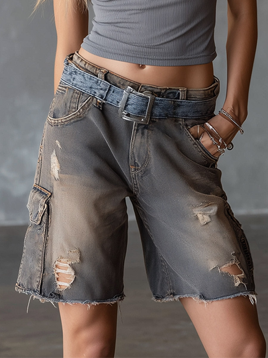 Casual Retro Distressed Grey Denim Ripped Bermuda Shorts