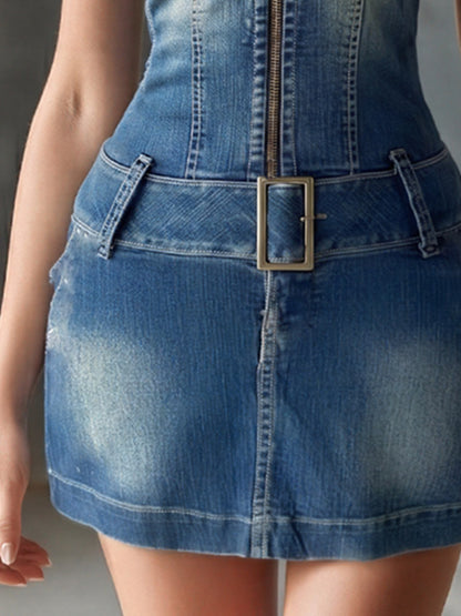 Stylish Distinctive Lapel Blue Denim Mini Dress