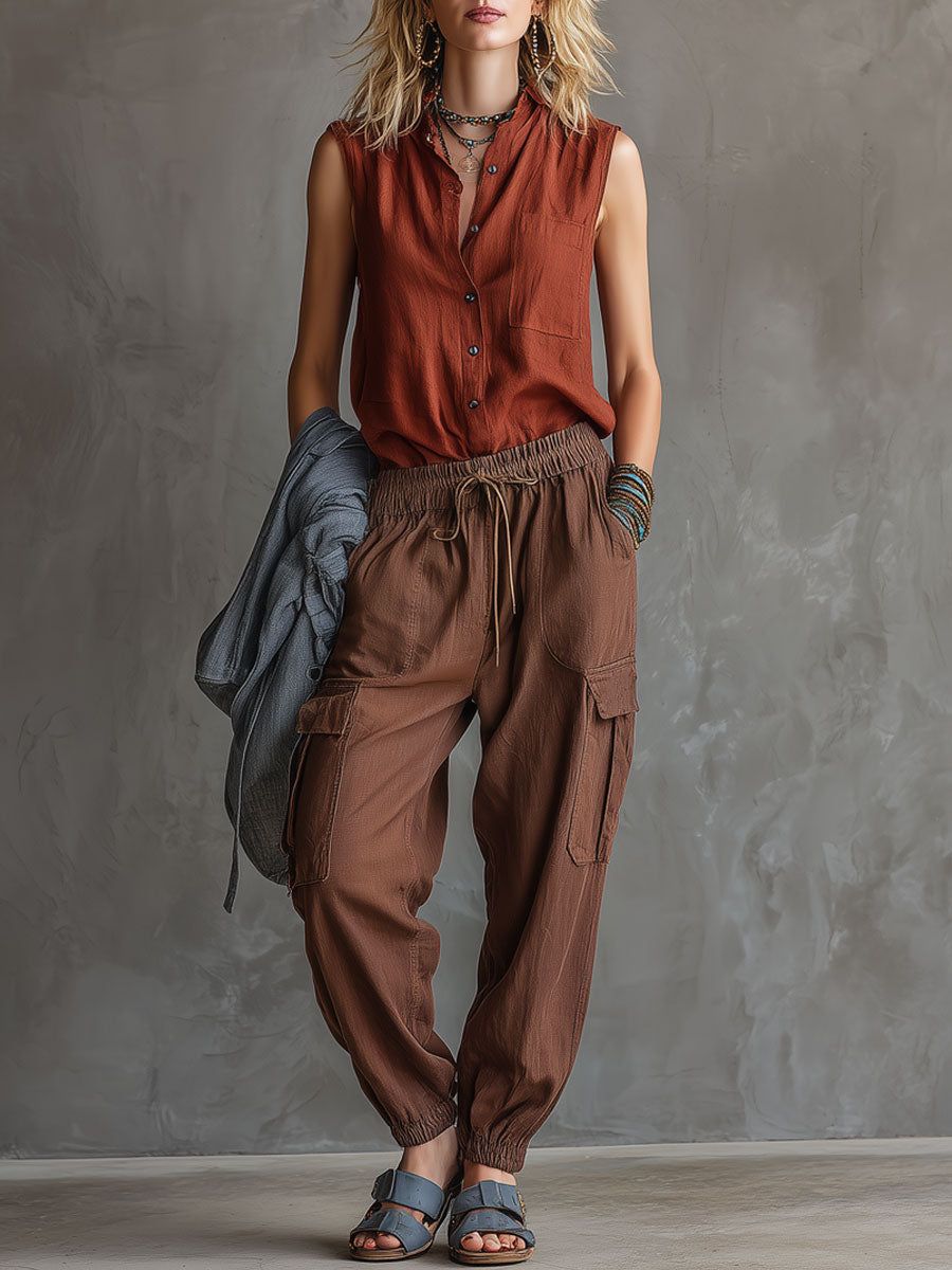 Casual Retro Chocolate Cotton Linen Sleeveless Shirt And Work Pants Set
