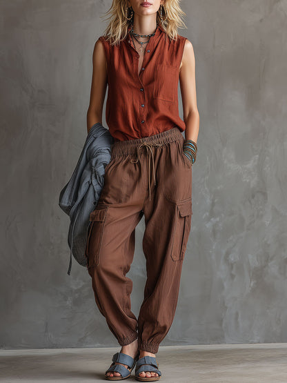 Casual Retro Chocolate Cotton Linen Sleeveless Shirt And Work Pants Set