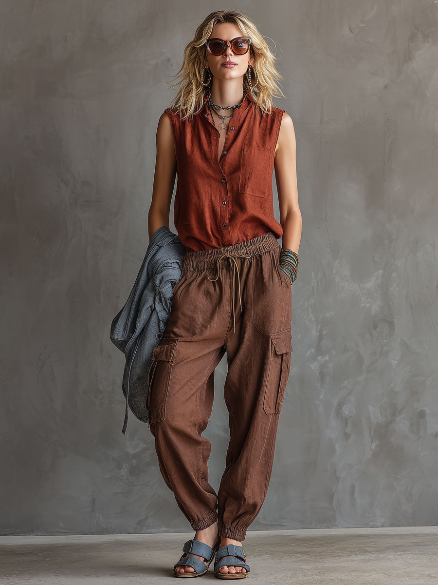 Casual Retro Chocolate Cotton Linen Sleeveless Shirt And Work Pants Set