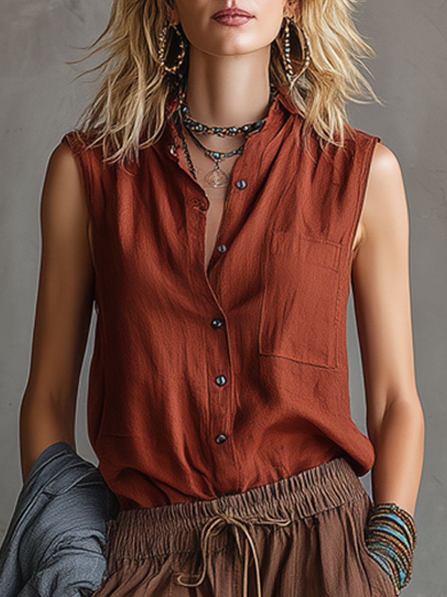 Casual Retro Chocolate Cotton Linen Sleeveless Shirt And Work Pants Set
