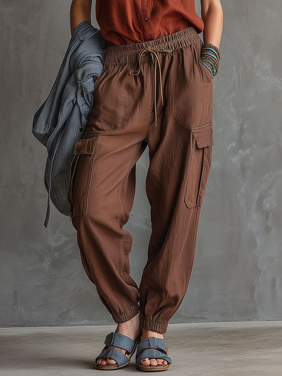Casual Retro Chocolate Cotton Linen Sleeveless Shirt And Work Pants Set