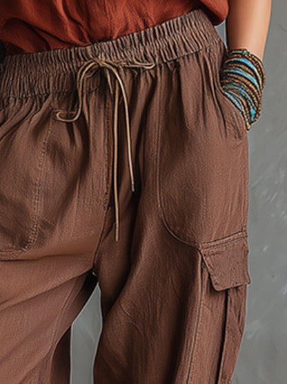 Casual Retro Chocolate Cotton Linen Sleeveless Shirt And Work Pants Set