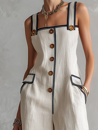 Retro-Elegant Piped Off-White Cotton-Linen Jumpsuit