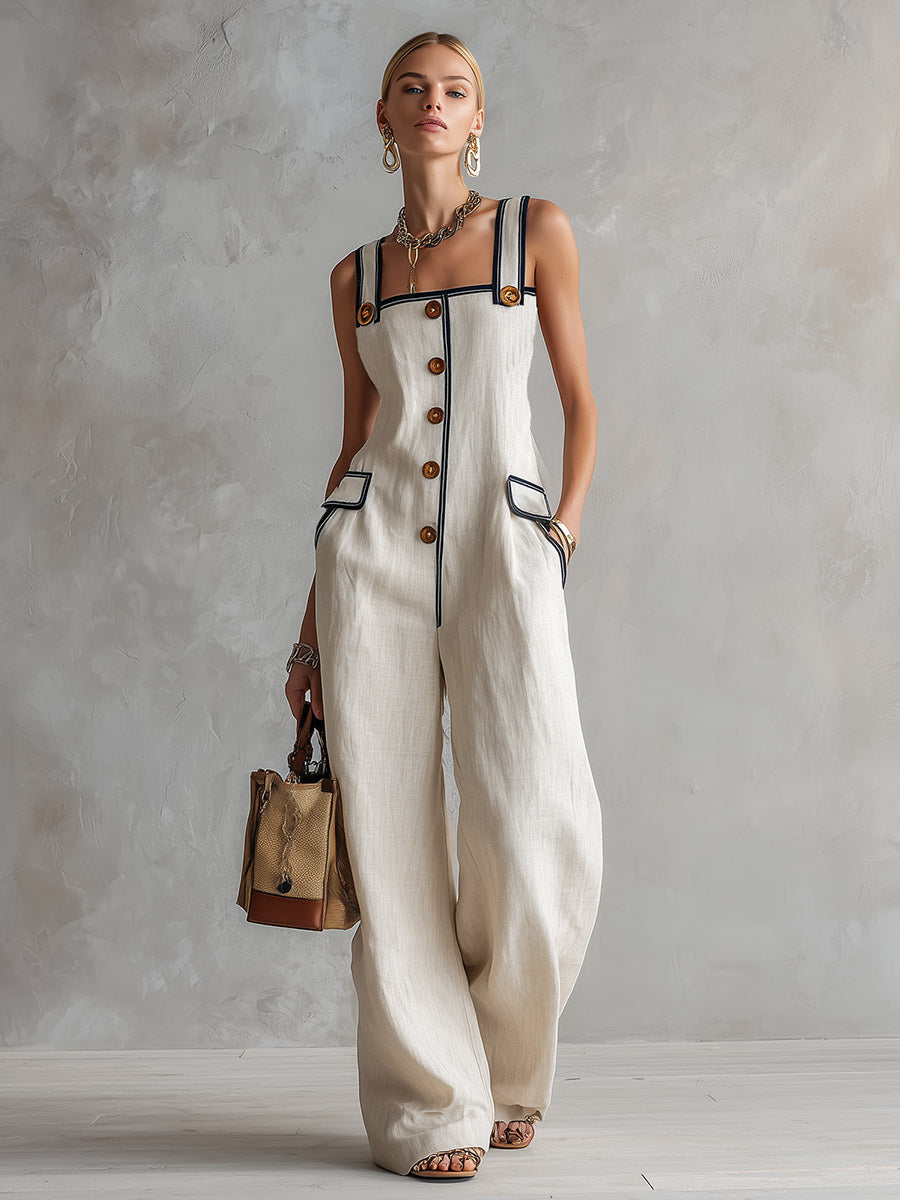 Retro-Elegant Piped Off-White Cotton-Linen Jumpsuit