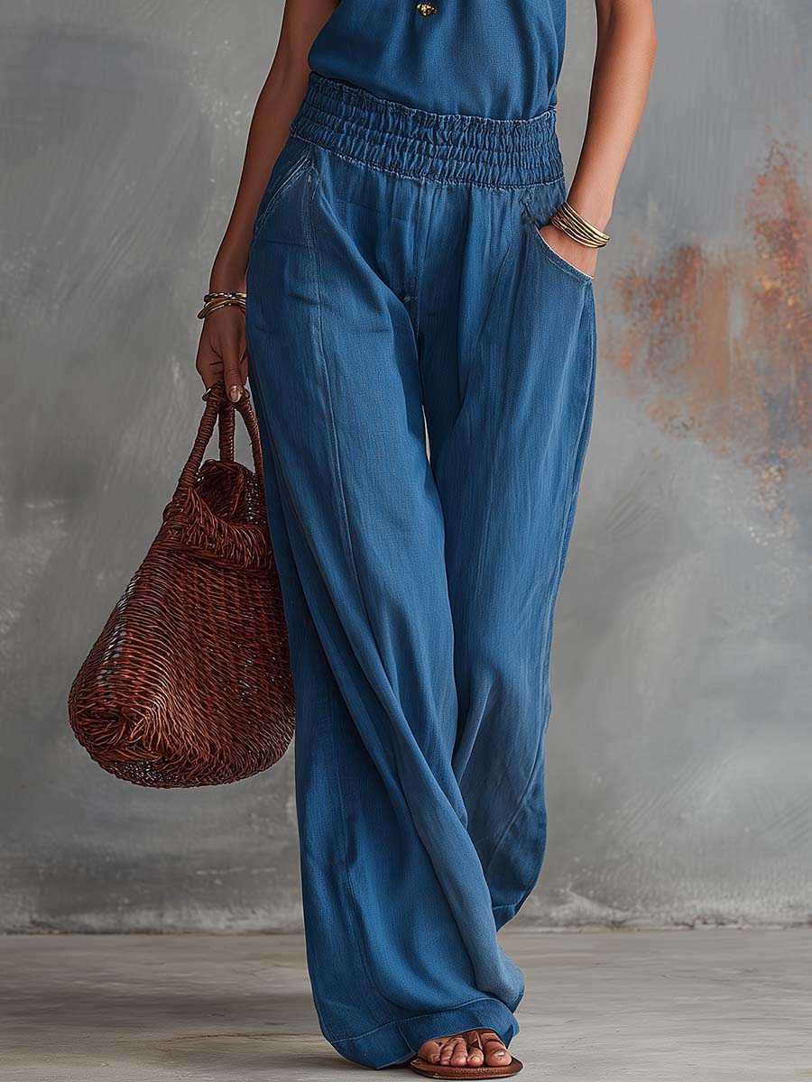 Retro Casual Blue Washed Denim Wide-Leg Halter Jumpsuit