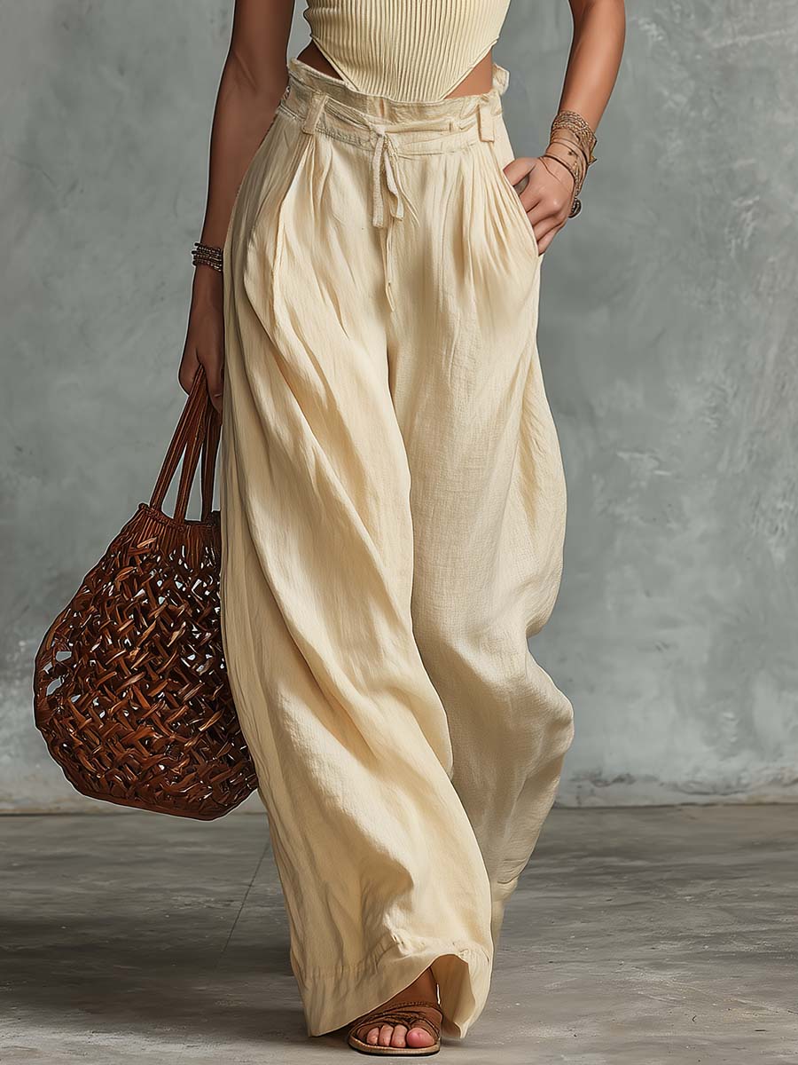 Elegant Casual Light Yellow Knitted Top And Cotton-Linen Wide-Leg Pants Set