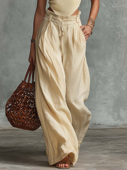 Elegant Casual Light Yellow Knitted Top And Cotton-Linen Wide-Leg Pants Set